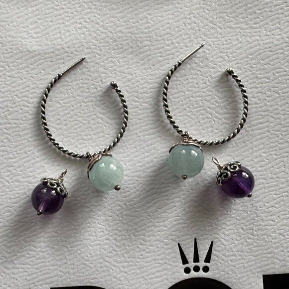 Retried Pandora Medium Round Twist Hoop Earrings w/ 2 charms - Picture 2 of 4